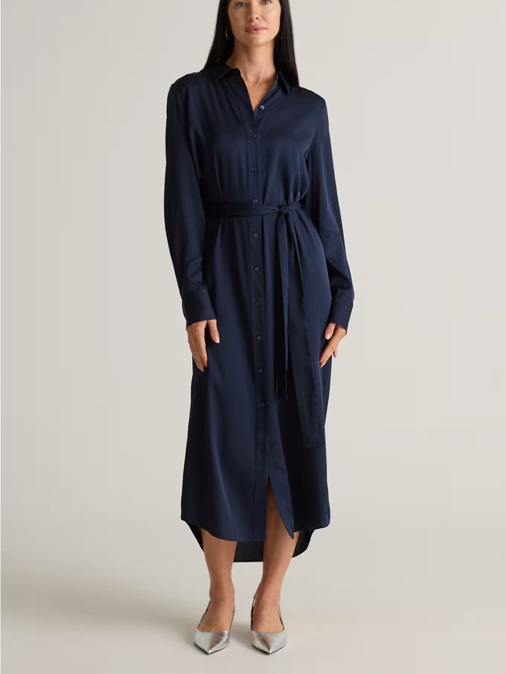 Quince washable silk Navy Button-Front Shirt Dress with Tie Belt